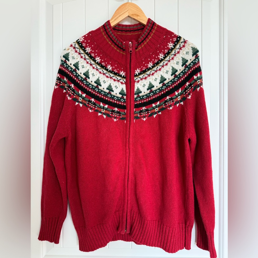 Vintage Christmas Tree Fair Isle Zip Up Cardigan Sweater M